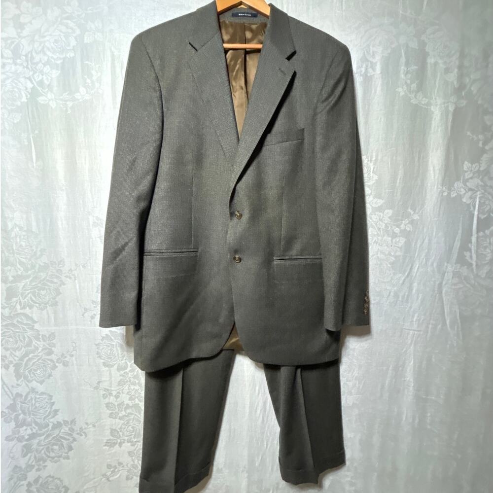 Chaps Ralph Lauren Suit 42T Brown Micro Check 100% Wool Jacket Pants 36x30